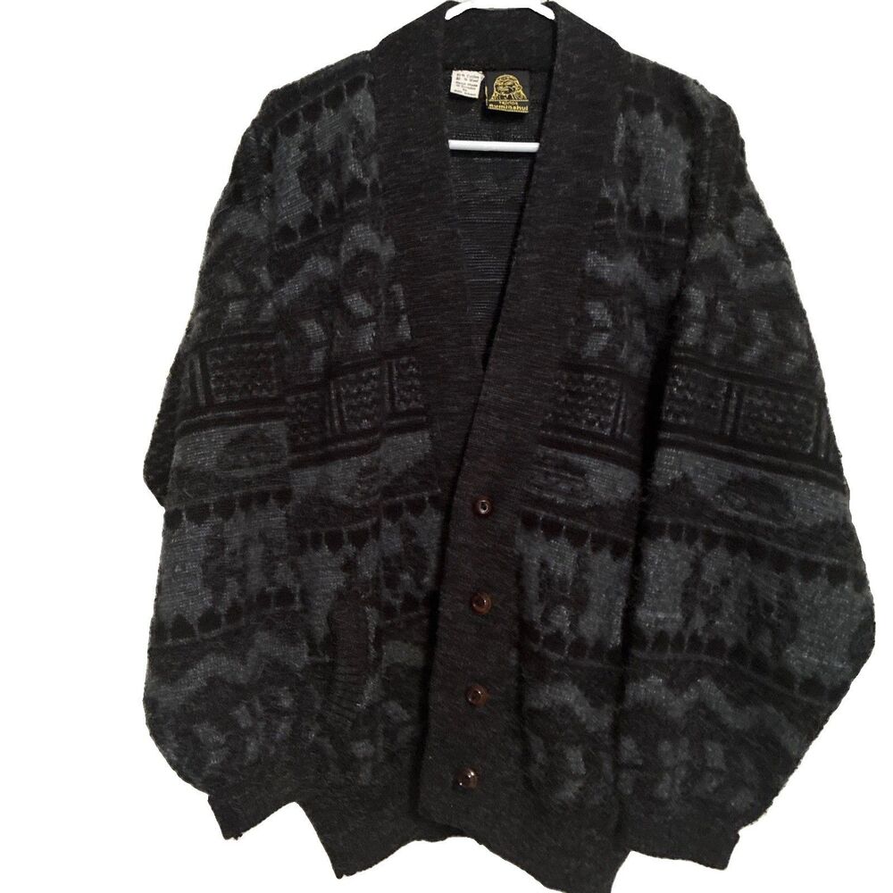 Vtg Ruminahui Sweater Mens Large Wool Llama Pattern Cardigan 90s Grandpa Ski